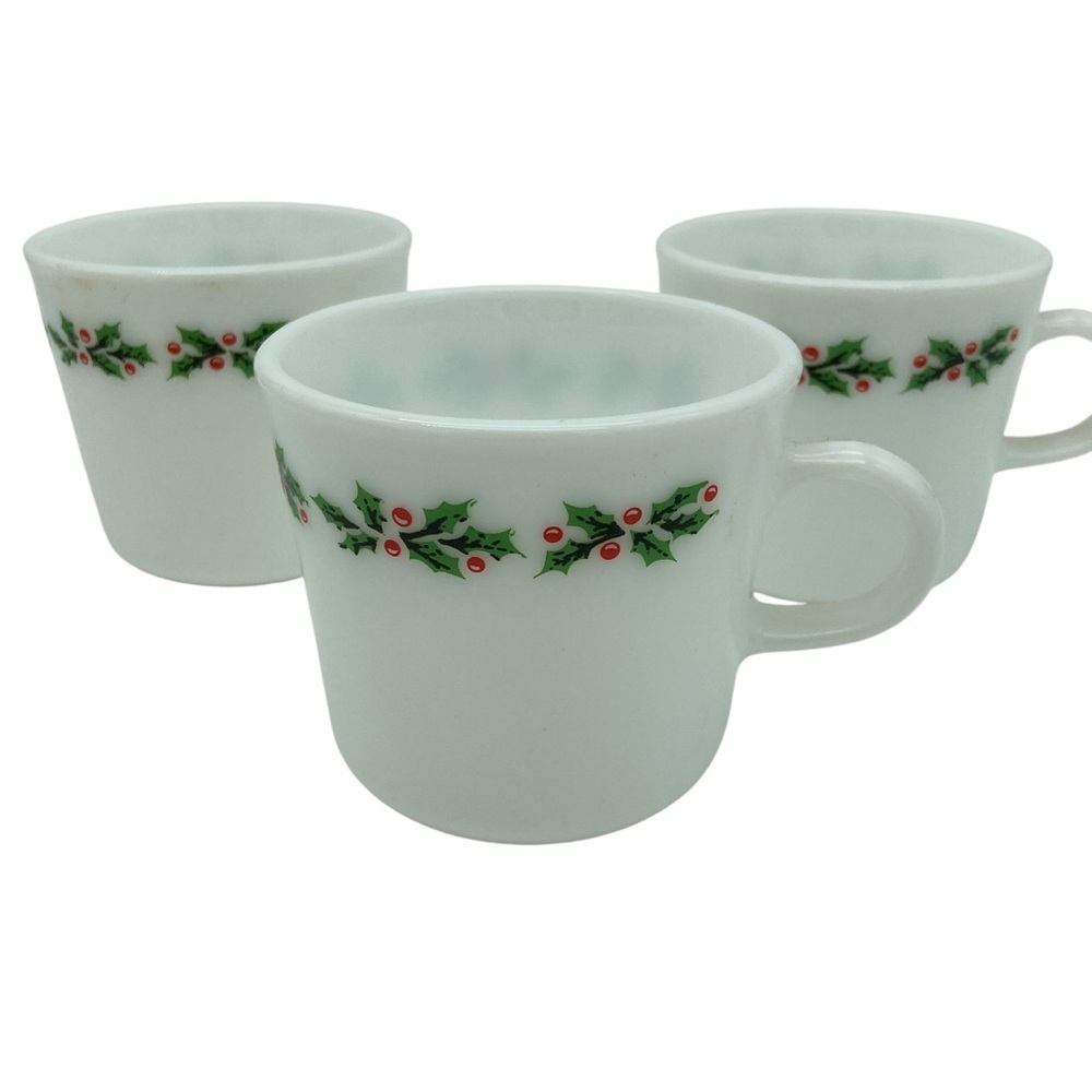 Set of 3 - Vintage Corningware Milk Glass Mugs with Christmas Holly Printed Trim